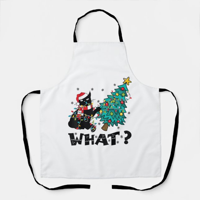 WHAT Funny Black Cat Santa Pushing Christmas Tree  Apron (Front)