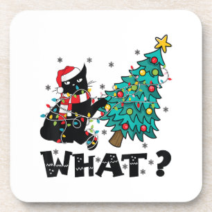 WHAT Funny Black Cat Santa Pushing Christmas Tree  Beverage Coaster