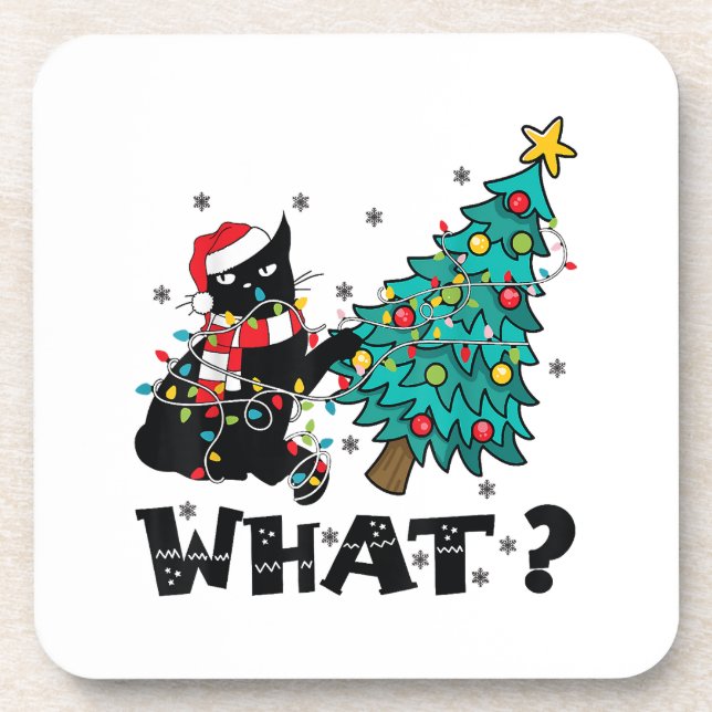 WHAT Funny Black Cat Santa Pushing Christmas Tree  Beverage Coaster (Front)