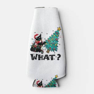 WHAT Funny Black Cat Santa Pushing Christmas Tree  Bottle Cooler