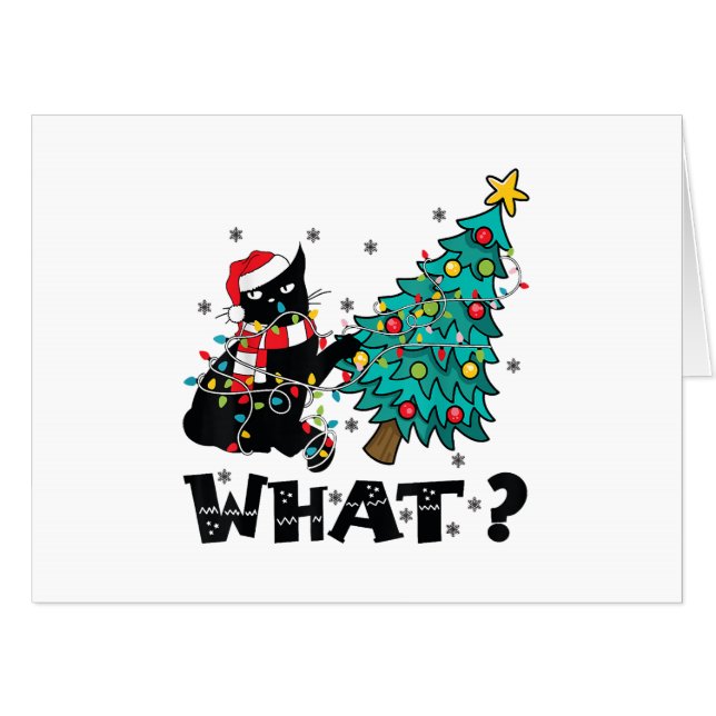 WHAT Funny Black Cat Santa Pushing Christmas Tree  Card (Front Horizontal)