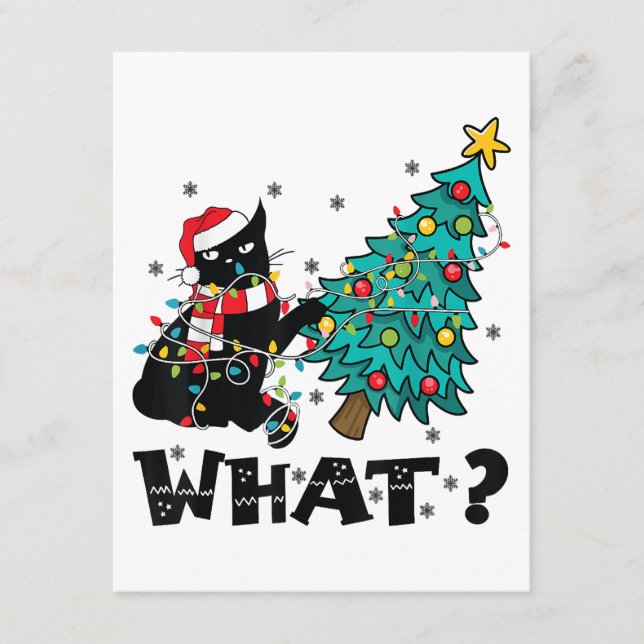 WHAT Funny Black Cat Santa Pushing Christmas Tree  Enclosure Card (Front)