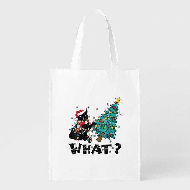 WHAT Funny Black Cat Santa Pushing Christmas Tree  Grocery Bag (Front)