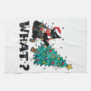 WHAT Funny Black Cat Santa Pushing Christmas Tree  Kitchen Towel