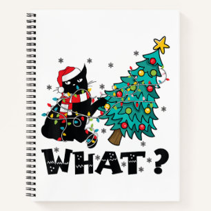 WHAT Funny Black Cat Santa Pushing Christmas Tree Notebook