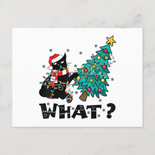 WHAT Funny Black Cat Santa Pushing Christmas Tree Postcard