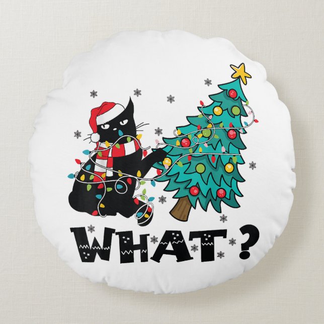 WHAT Funny Black Cat Santa Pushing Christmas Tree  Round Pillow (Front)