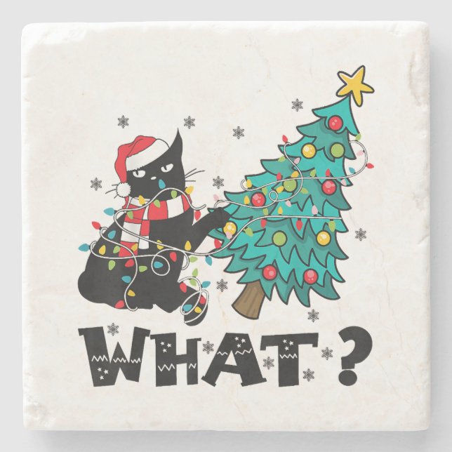WHAT Funny Black Cat Santa Pushing Christmas Tree  Stone Coaster (Front)
