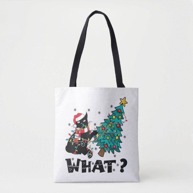 WHAT Funny Black Cat Santa Pushing Christmas Tree  Tote Bag (Front)
