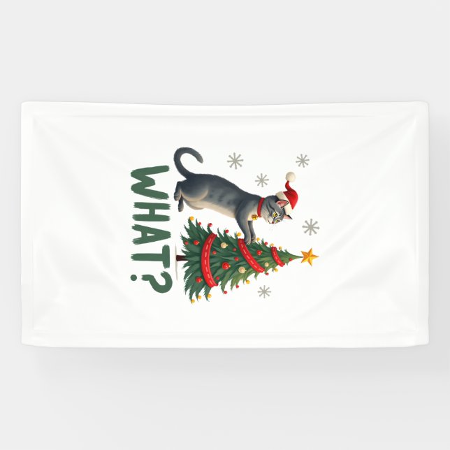 What Funny Cat Pushing Christmas Tree Over Cat Xma Banner (Horizontal)