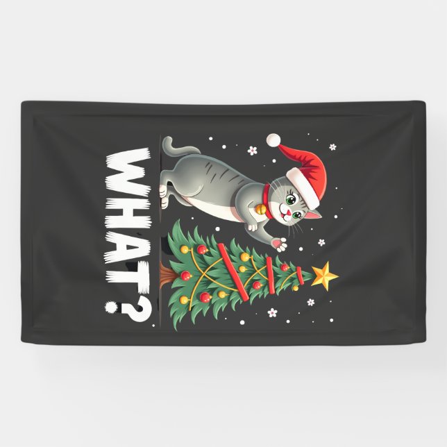 What Funny Cat Pushing Christmas Tree Over Cat Xma Banner (Horizontal)