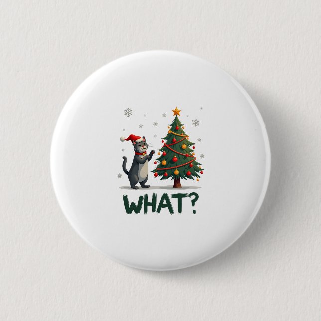 What Funny Cat Pushing Christmas Tree Over Cat Xma Button (Front)