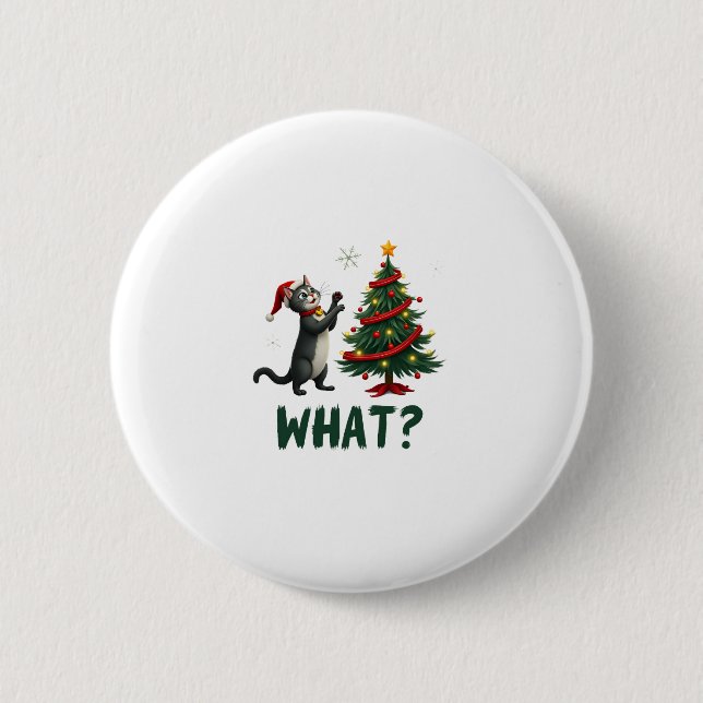 What Funny Cat Pushing Christmas Tree Over Cat Xma Button (Front)