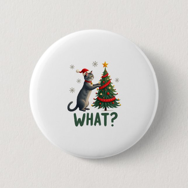 What Funny Cat Pushing Christmas Tree Over Cat Xma Button (Front)