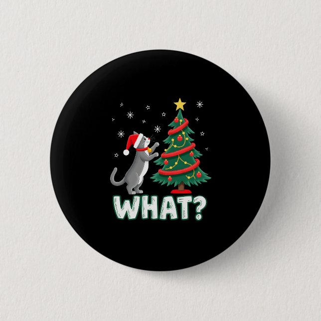 What Funny Cat Pushing Christmas Tree Over Cat Xma Button (Front)