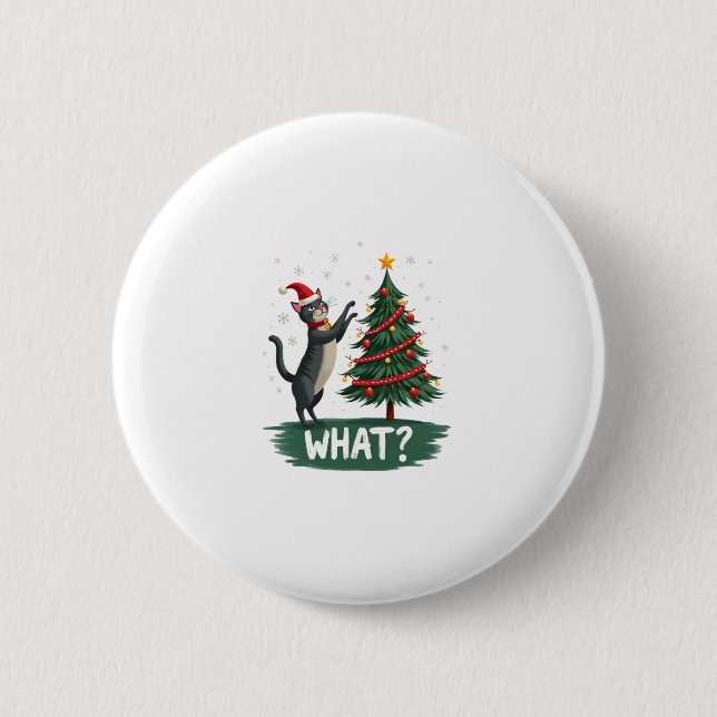 What Funny Cat Pushing Christmas Tree Over Cat Xma Button (Front)