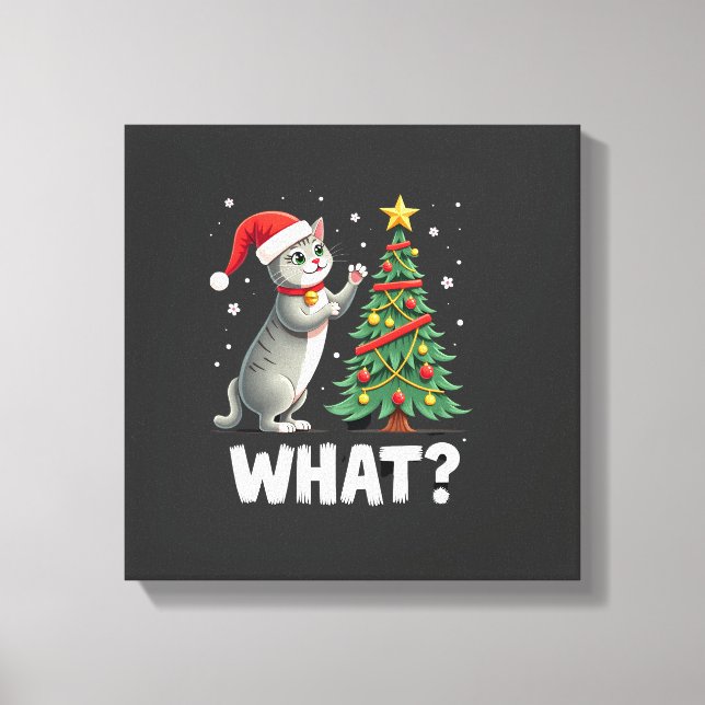 What Funny Cat Pushing Christmas Tree Over Cat Xma Canvas Print (Front)