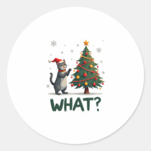 What Funny Cat Pushing Christmas Tree Over Cat Xma Classic Round Sticker
