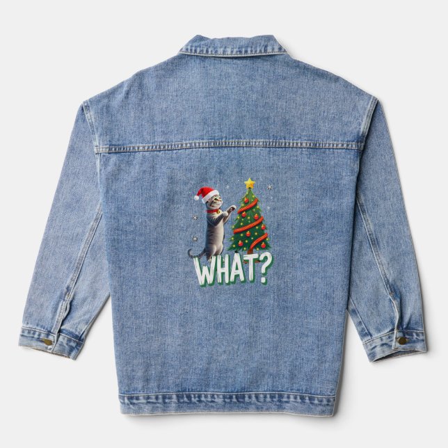 What Funny Cat Pushing Christmas Tree Over Cat Xma Denim Jacket (Back)