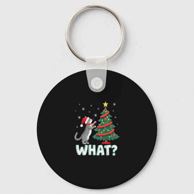 What Funny Cat Pushing Christmas Tree Over Cat Xma Keychain (Front)