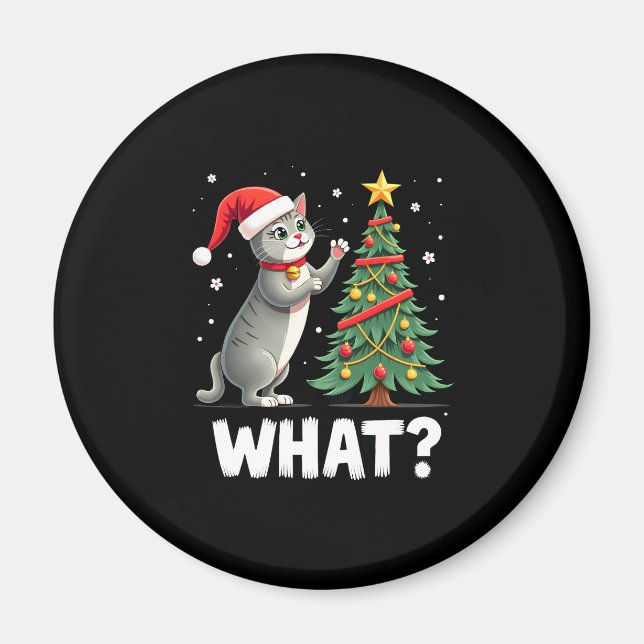 What Funny Cat Pushing Christmas Tree Over Cat Xma Magnet (Front)