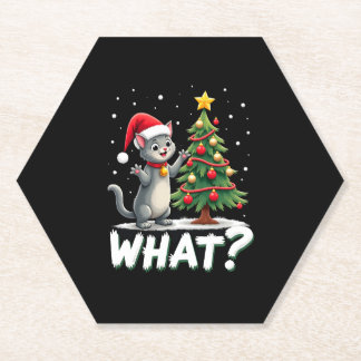 What Funny Cat Pushing Christmas Tree Over Cat Xma Paper Coaster