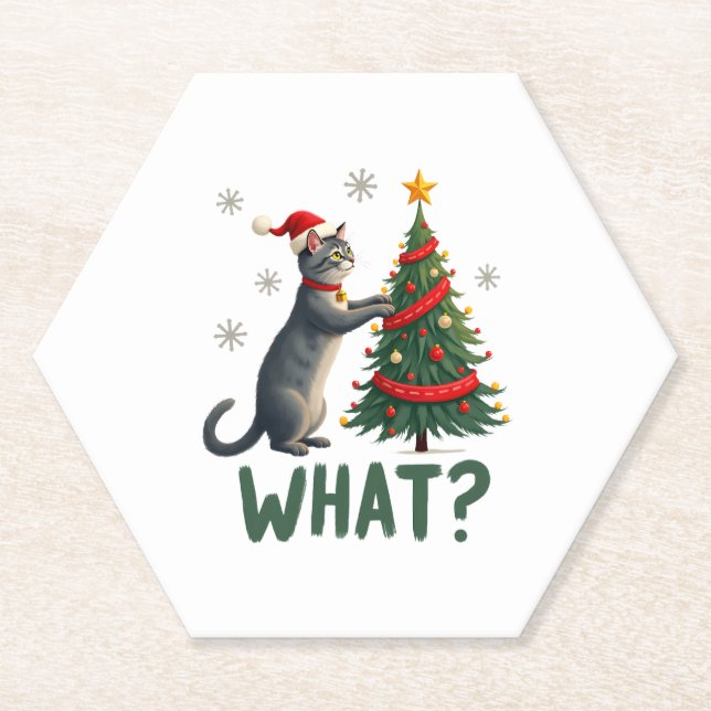 What Funny Cat Pushing Christmas Tree Over Cat Xma Paper Coaster (Front)