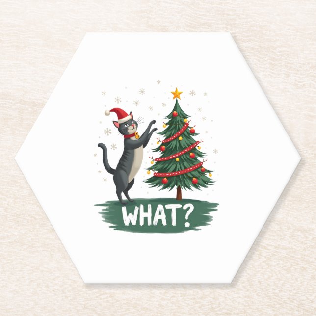What Funny Cat Pushing Christmas Tree Over Cat Xma Paper Coaster (Front)