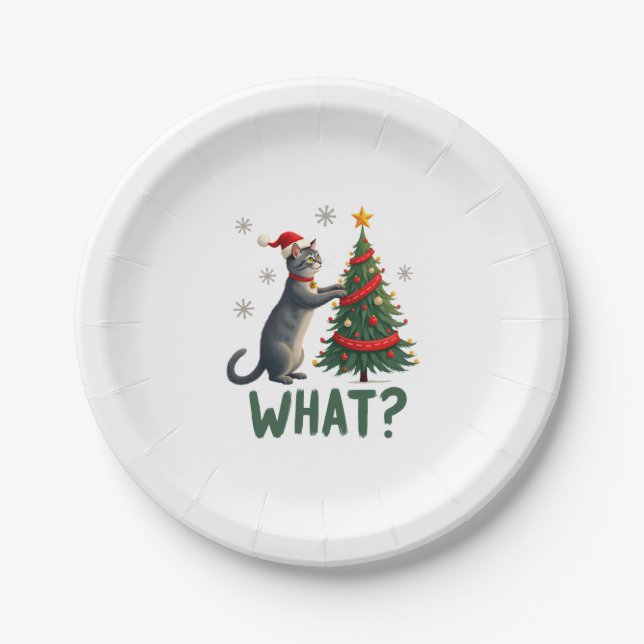 What Funny Cat Pushing Christmas Tree Over Cat Xma Paper Plates (Front)