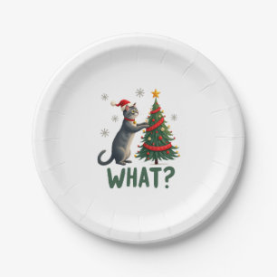 What Funny Cat Pushing Christmas Tree Over Cat Xma Paper Plates