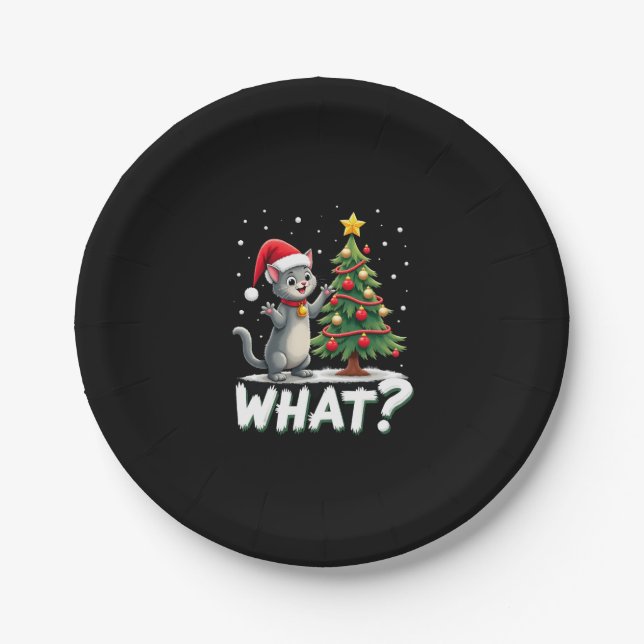 What Funny Cat Pushing Christmas Tree Over Cat Xma Paper Plates (Front)