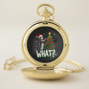 What Funny Cat Pushing Christmas Tree Over Cat Xma Pocket Watch