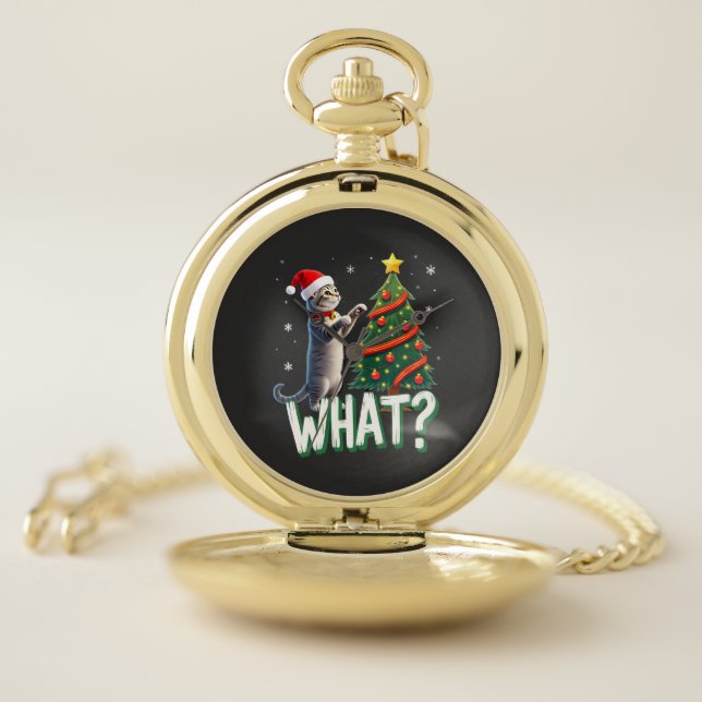 What Funny Cat Pushing Christmas Tree Over Cat Xma Pocket Watch (Inside)