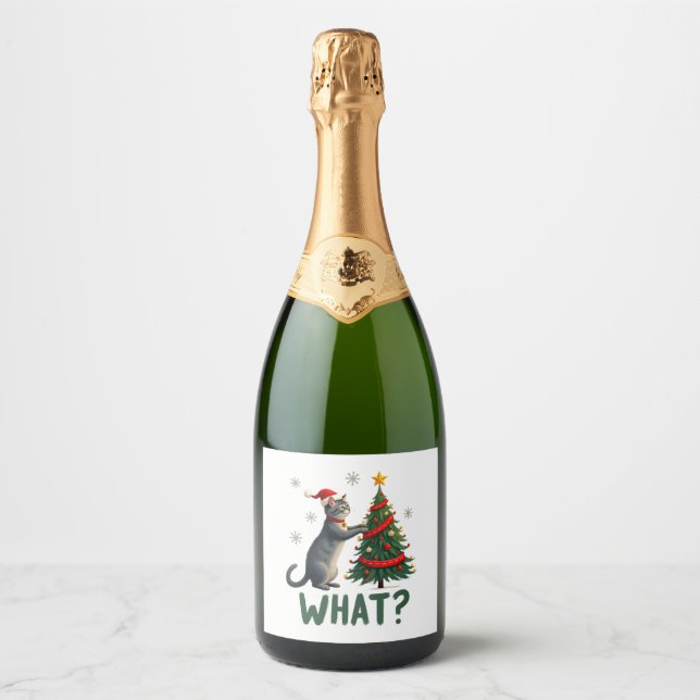 What Funny Cat Pushing Christmas Tree Over Cat Xma Sparkling Wine Label (Front)