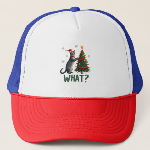 What Funny Cat Pushing Christmas Tree Over Cat Xma Trucker Hat