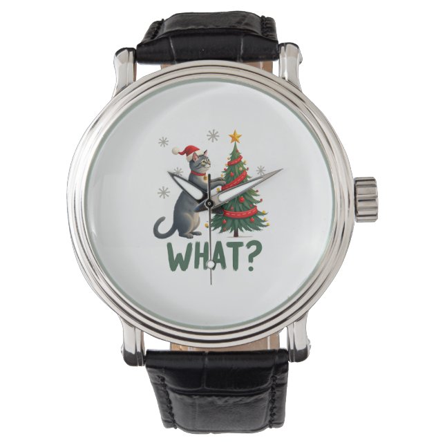 What Funny Cat Pushing Christmas Tree Over Cat Xma Watch (Front)