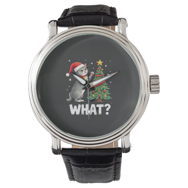 What Funny Cat Pushing Christmas Tree Over Cat Xma Watch (Front)