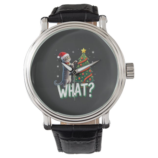 What Funny Cat Pushing Christmas Tree Over Cat Xma Watch (Front)