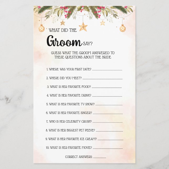 What Groom say Christmas Bridal Shower Game Card F Flyer (Front)