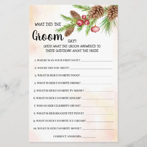 What Groom say Christmas Bridal Shower Game Card Flyer