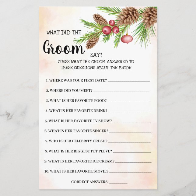 What Groom say Christmas Bridal Shower Game Card Flyer (Front)