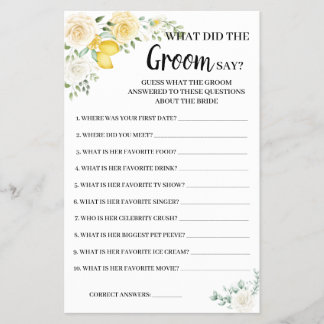 What Groom say Lemon&Roses Bridal Shower Game Card Flyer