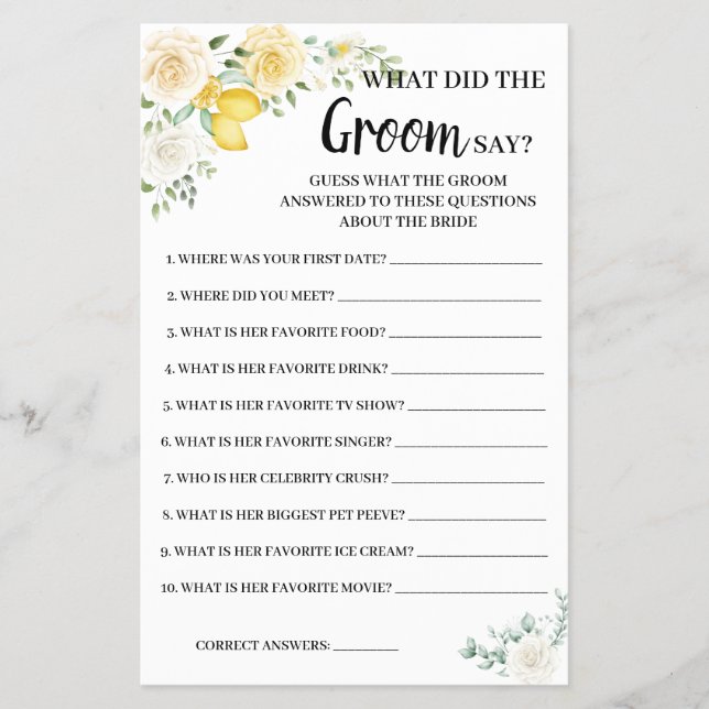 What Groom say Lemon&Roses Bridal Shower Game Card Flyer (Front)