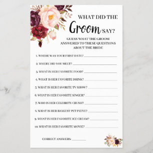 What Groom say Marsala Bridal Shower Game Card Flyer
