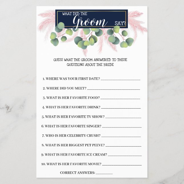 What Groom say Pampas Grass BridalShower Game Card Flyer (Front)