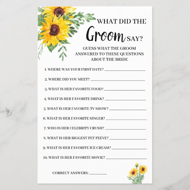What Groom say Sunflowers Bridal Shower Game Card Flyer (Front)