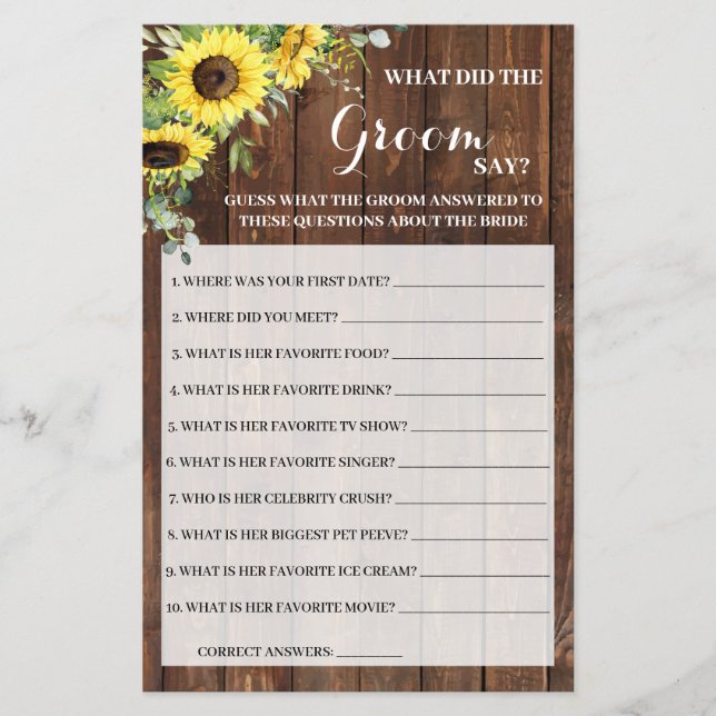 What Groom Say Sunflowers Bridal Shower Game Card Flyer (Front)