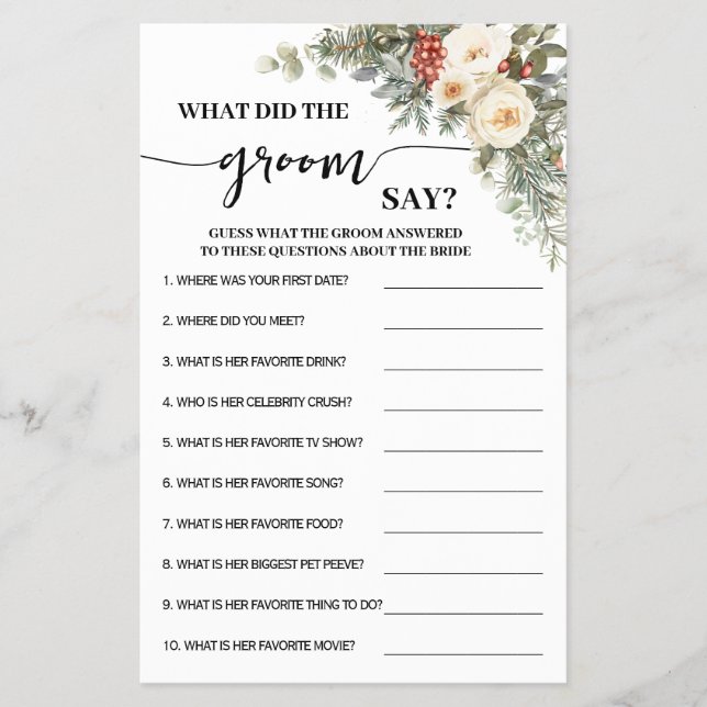 What Groom Say Winter Bridal Shower Game Card Flyer (Front)