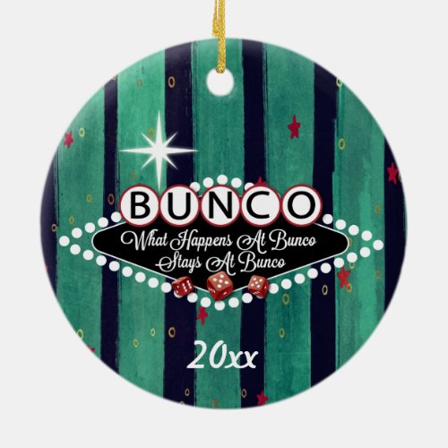 What Happens At Bunco Holiday Stripe Ceramic Ornament