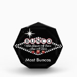 What Happens At Bunco Stays At Bunco Fun Award<br><div class="desc">Fun and colorful vintage style graphic art design inspired by Bunco players.  What Happens At Bunco Stays At Bunco features a Vegas style neon sign design that includes tow red Bunco dice.  Bunco products are great gifts or prizes.  Background color can be changed to your own favorite color.</div>